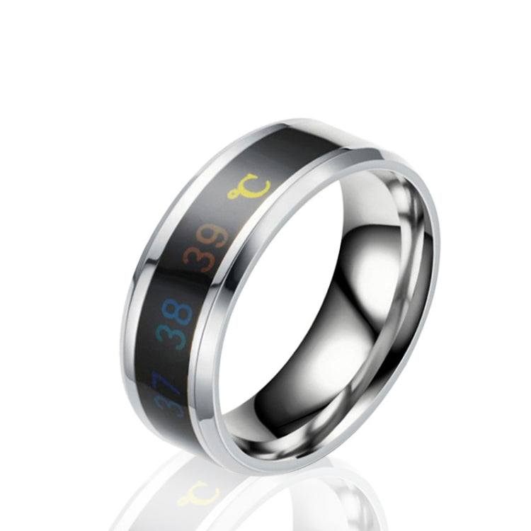 Silver temperature display ring with black sensor band and colorful temperature readings