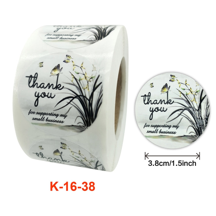 Round white thank-you sticker label with floral branch, butterflies; size 3.8 cm