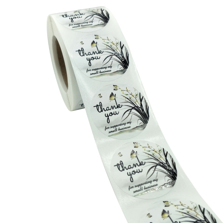 Strip of multiple round thank-you envelope sealing stickers with floral branches and butterflies