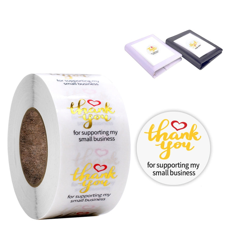 Transparent thank you sticker roll with gold script hearts and “small business”