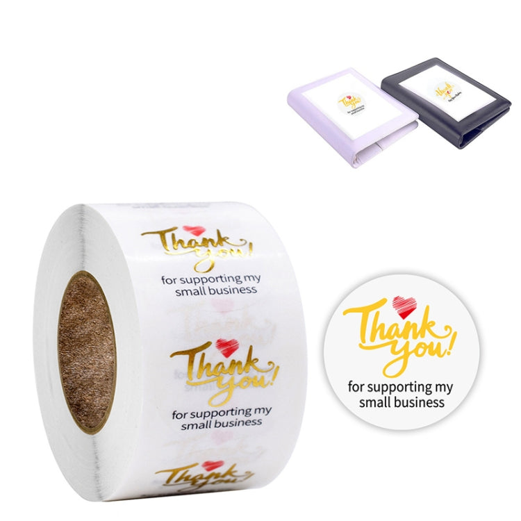 Transparent thank you sticker roll with gold “Thank you!” and red heart details