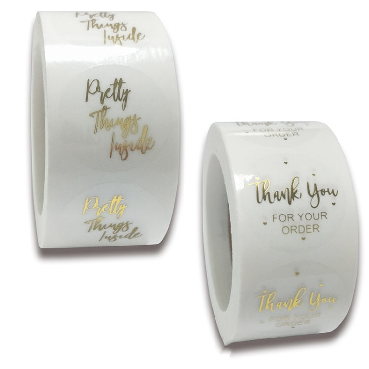 Two bronzing sealing sticker rolls: “Pretty Things” and “Thank you for your order”, gold on white