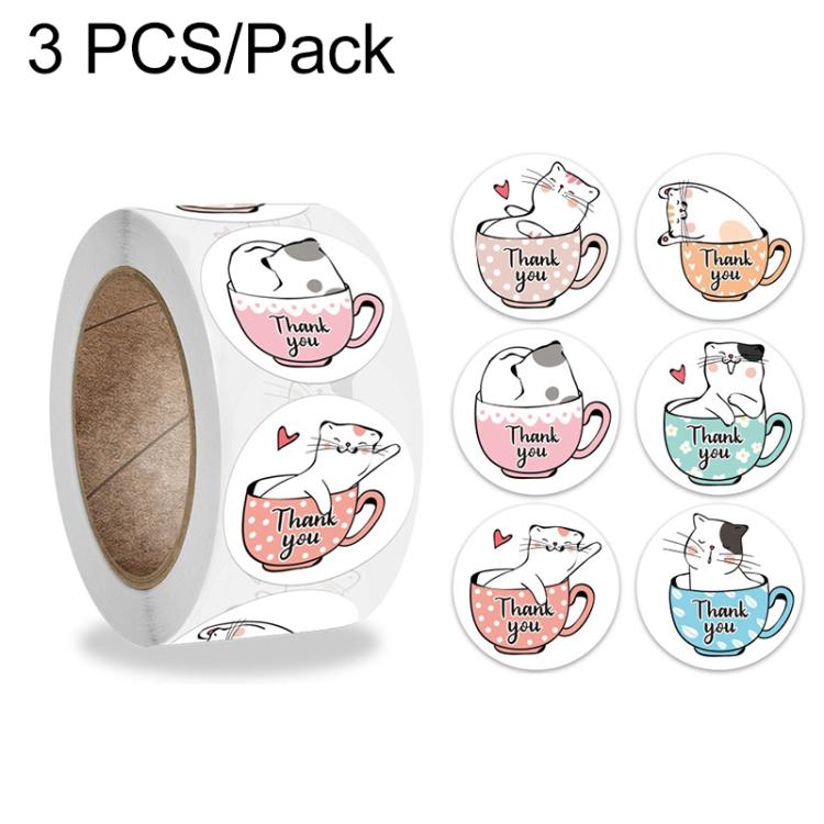 Kids cat thank-you cup stickers, round labels on roll, K-47 style set of 3