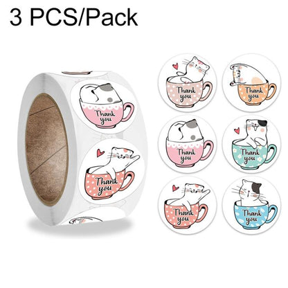 Kids cat thank-you cup stickers, round labels on roll, K-47 style set of 3