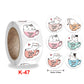 Cat thank-you cup sticker set on roll with K-47 code and 1 inch size mark