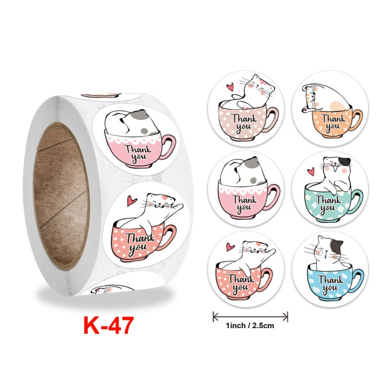 Cat thank-you cup sticker set on roll with K-47 code and 1 inch size mark