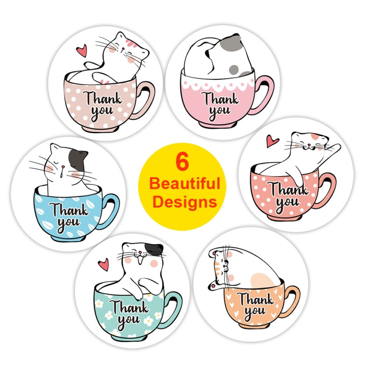 Round cat thank-you cup stickers, assorted colors, 6 designs