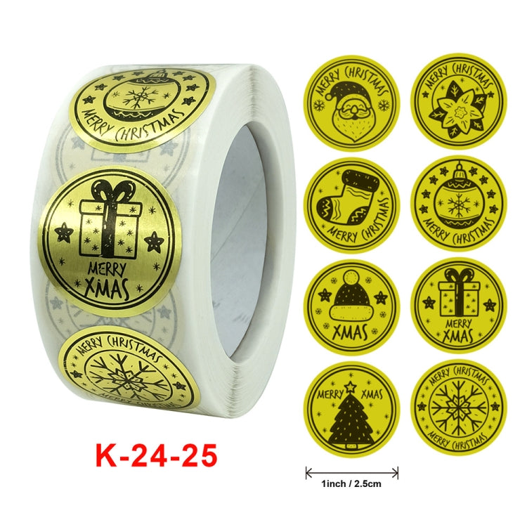 Roll of Christmas sticker labels plus loose gold circular “Merry Christmas” stickers, K-24-25