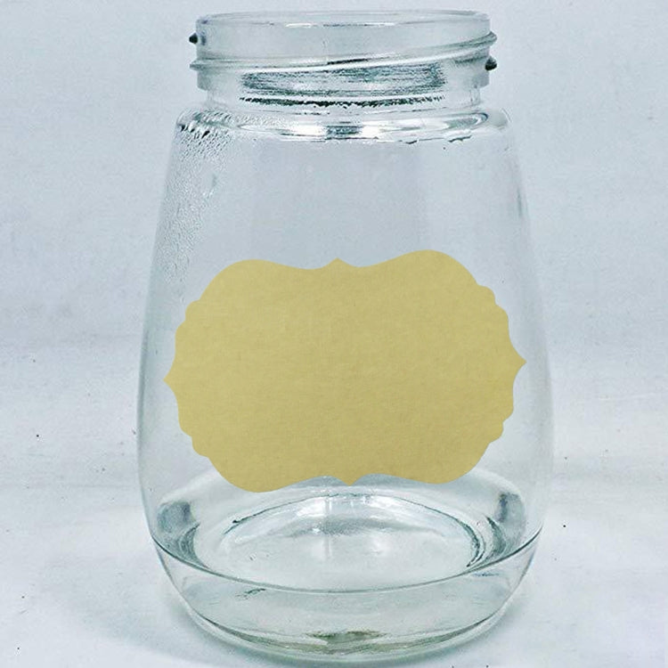 Beige kraft paper label sticker on glass jar, scalloped rectangle design