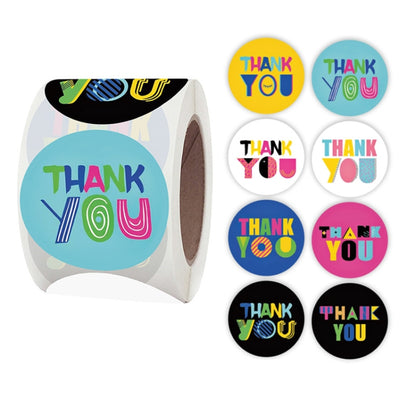 Set of circular Thank You stickers with assorted colorful designs on sticker roll