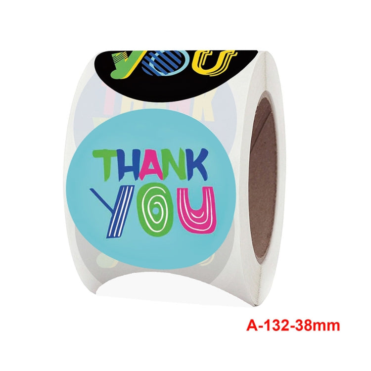 Thank You sticker roll with large circular blue sticker design and colorful text