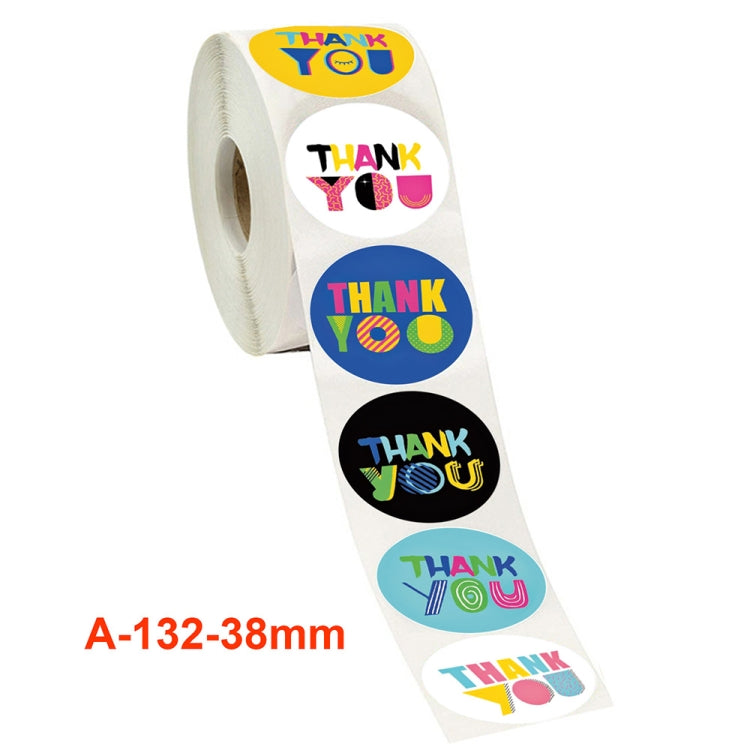 Strip of circular Thank You stickers on a roll, multiple colorful designs