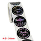 Sheet of round 'Thank you' stickers with multicolor floral border on black circles