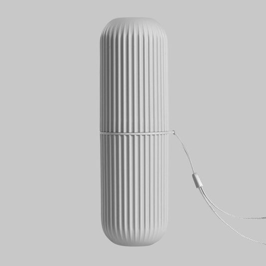 Gray ribbed travel toothbrush storage cup with lanyard cord loop