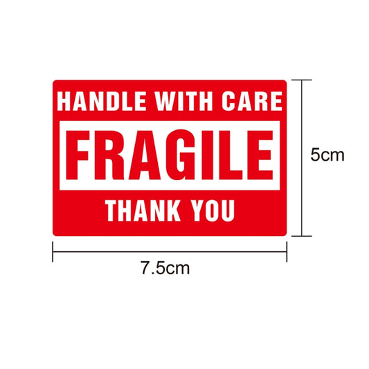 Fragile warning label design, red “FRAGILE” box with “HANDLE WITH CARE”