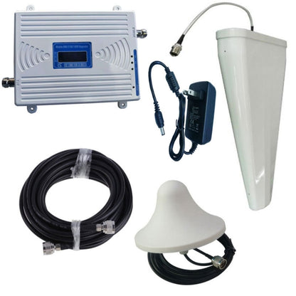 Mobile signal booster kit with main unit, outdoor antenna, cables, and adapter power supply
