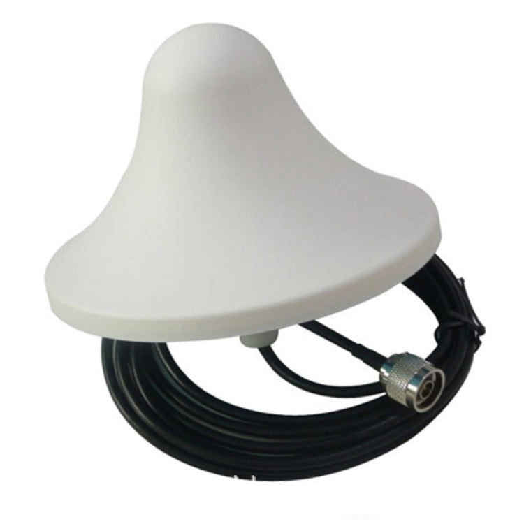 Outdoor log-periodic style antenna with white radome and coax connector