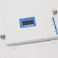 White mobile signal booster main unit with blue label and coax port connections