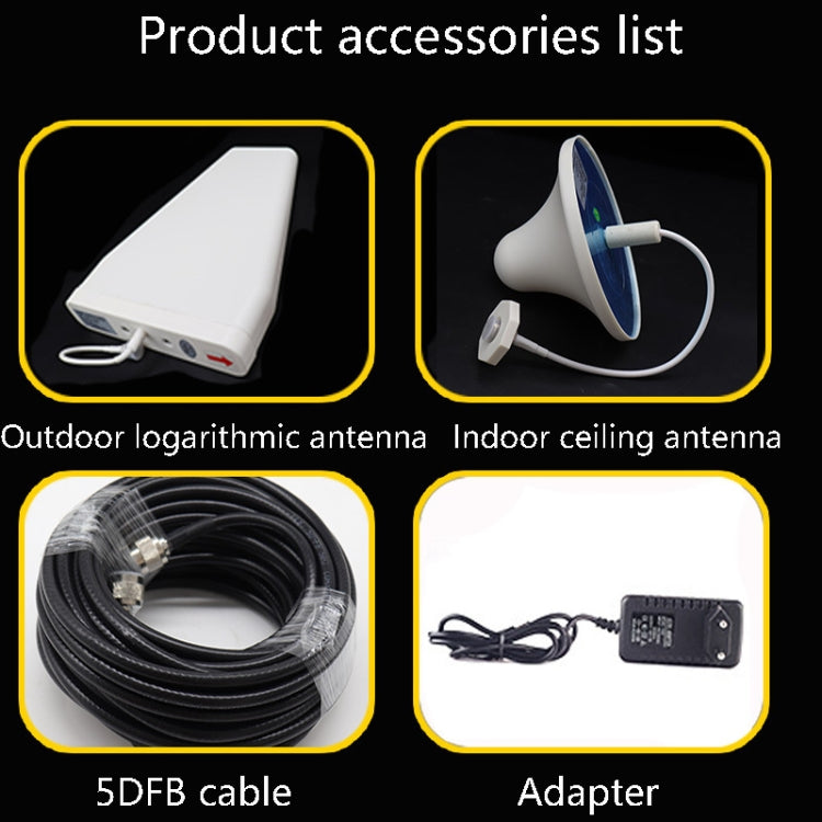 Signal booster accessories list with outdoor antenna, indoor antenna, 5DFB cable, and adapter