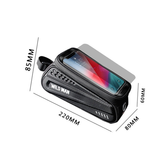 Hard shell bicycle phone bag, black, with front touchscreen and size dimensions shown