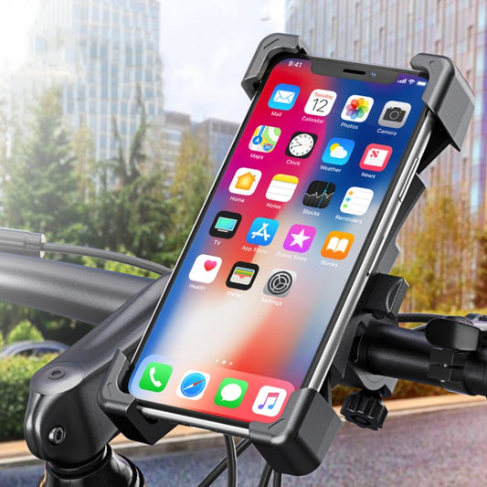 Black mobile phone bracket with adjustable rear mount for bike or motorcycle handlebars