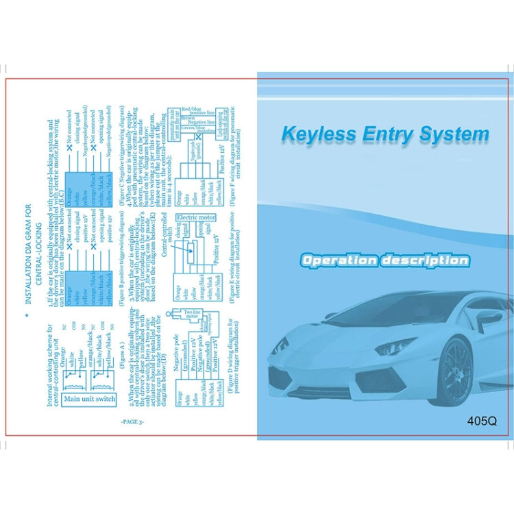 Keyless entry system instruction sheet with operation description and car illustration