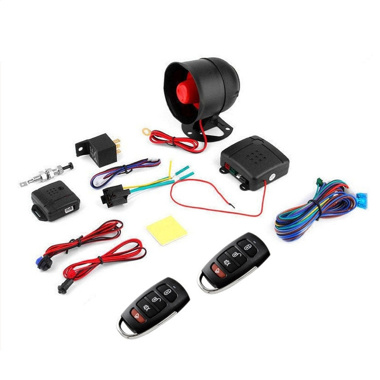 Car alarm control module set with wiring harness, relays, and two remotes
