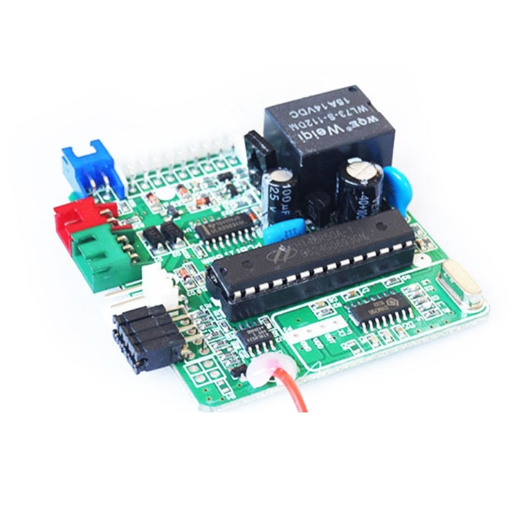 Car alarm circuit board module with components and blue/green headers