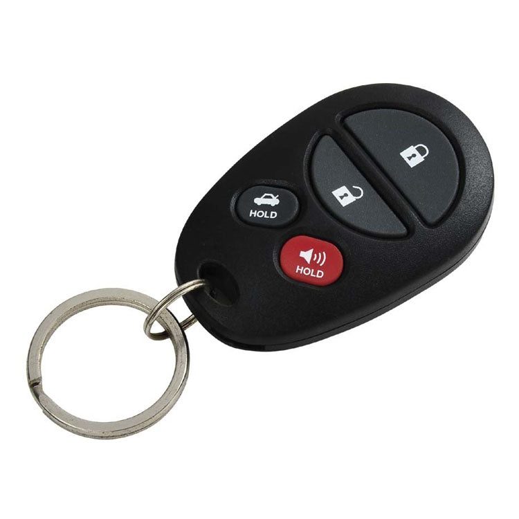 Black keyless entry remote fob with key ring, four buttons including lock/unlock