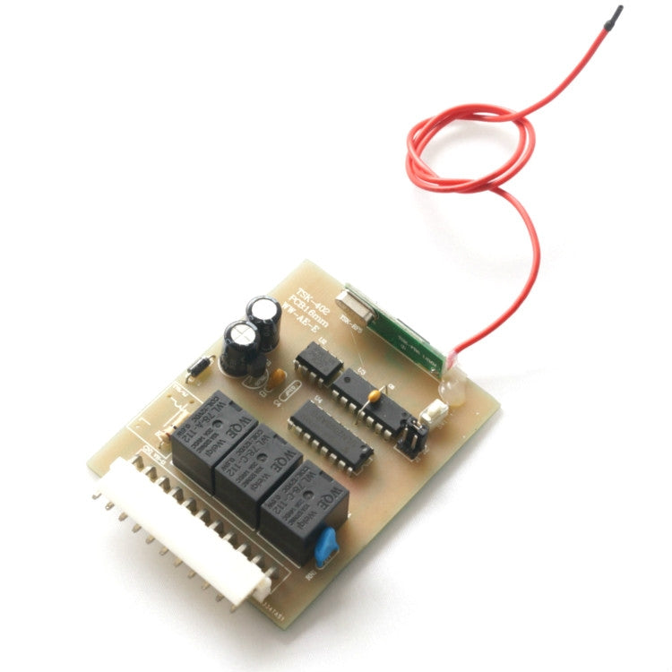 Electronic keyless entry receiver board with red wire leads and terminal connectors