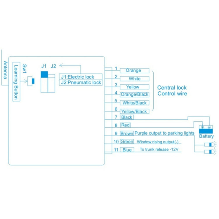 Central lock control wiring diagram with wire color pinout chart