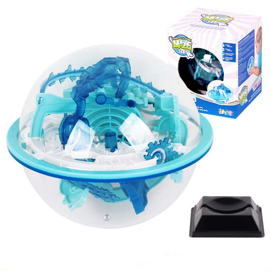 Blue and light-blue maze ball toy with clear dome and interlocking track pieces inside