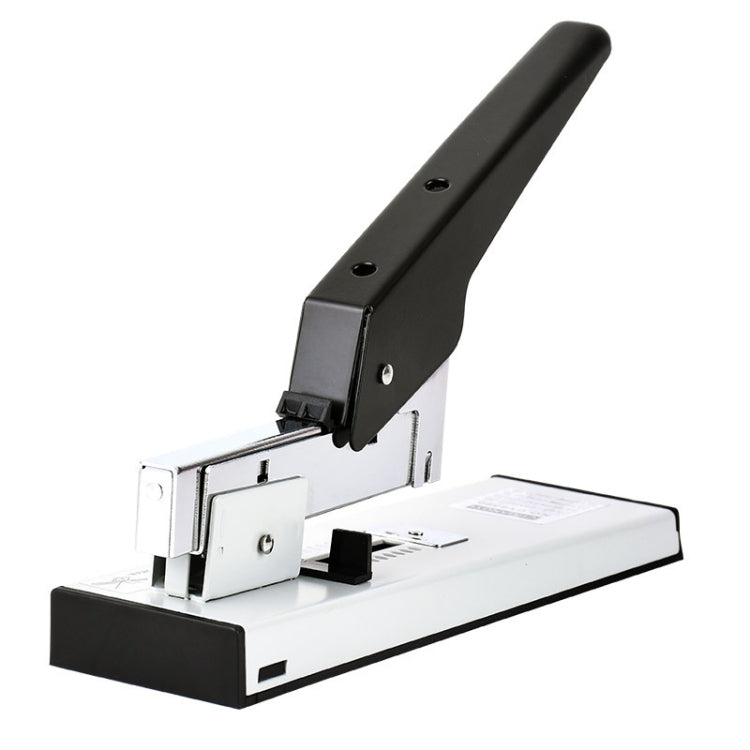Manual office stapler with black top lever and silver metal base, open for loading