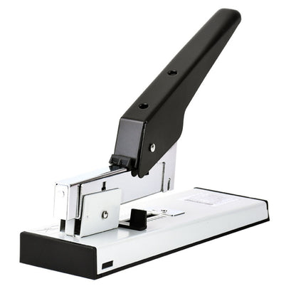 Manual office stapler with black top lever and silver metal base, open for loading
