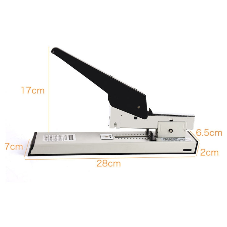 Manual stapler with long black lever and white base, side view