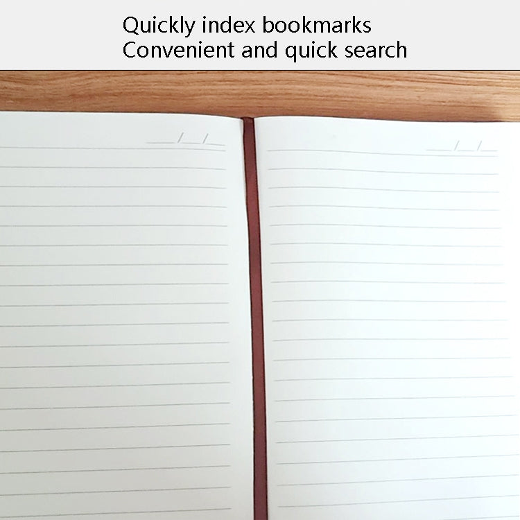 A5 notebook open to lined pages with a red inner spine