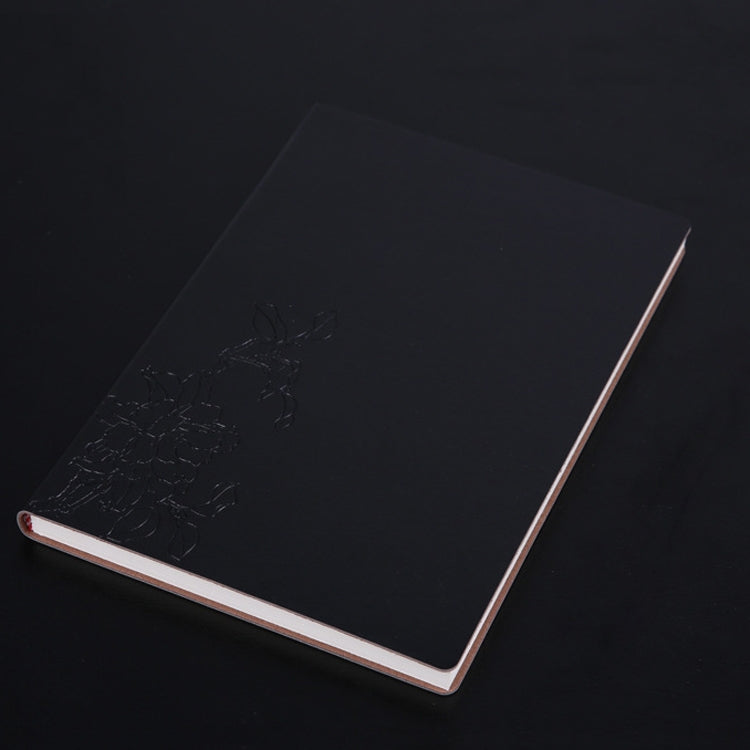 Black PU notebook with embossed floral pattern and white page edges.