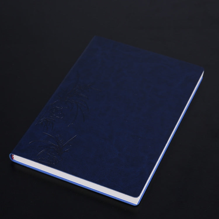 Blue A5 PU notebook with embossed leaf pattern and white page edges