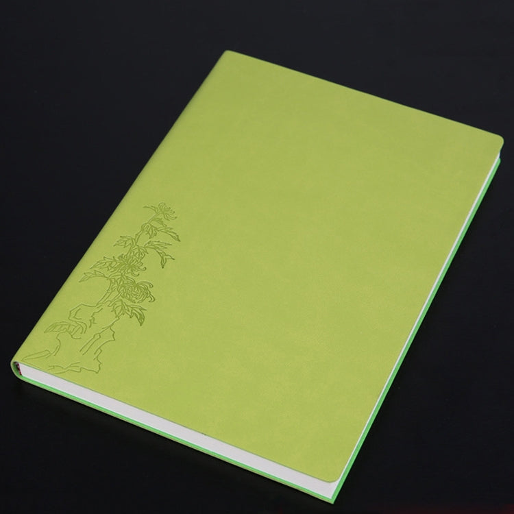Lime green A5 PU notebook with embossed floral vines and white page edges
