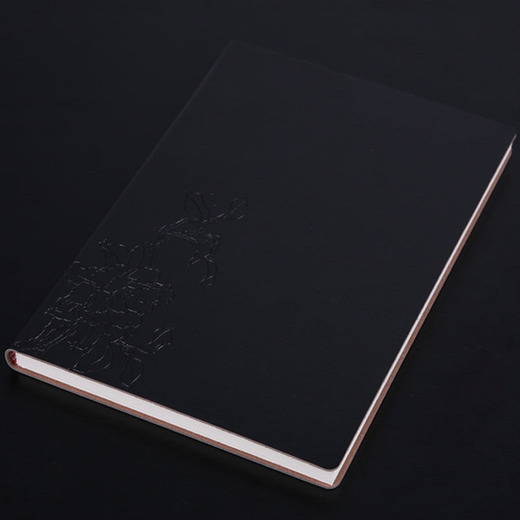 Black PU notebook with embossed floral design on textured cover, white page edges