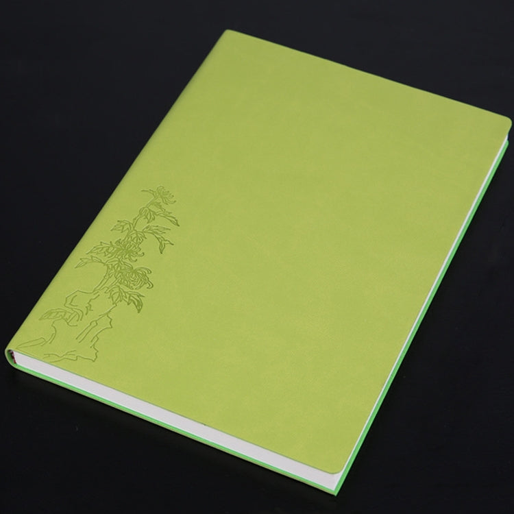 Light green PU notebook with embossed floral design on cover, white page edges