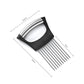 Black and silver onion fork holder with curved frame and stainless steel slicing pins