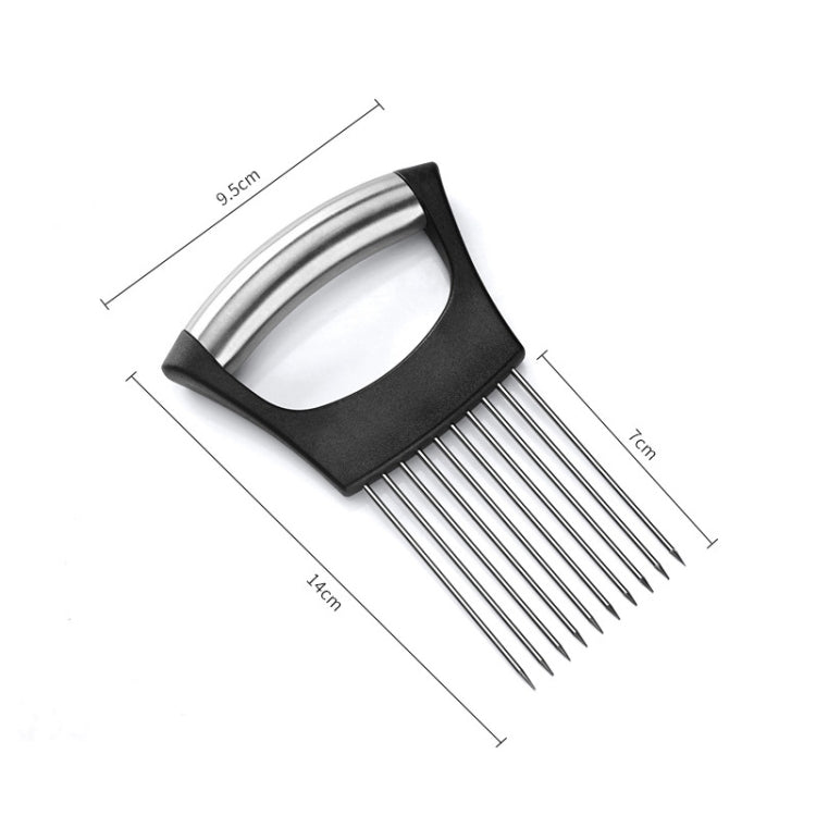 Black and silver onion fork holder with curved frame and stainless steel slicing pins