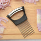 Onion slicing fork holder: black frame with silver top and stainless steel pins