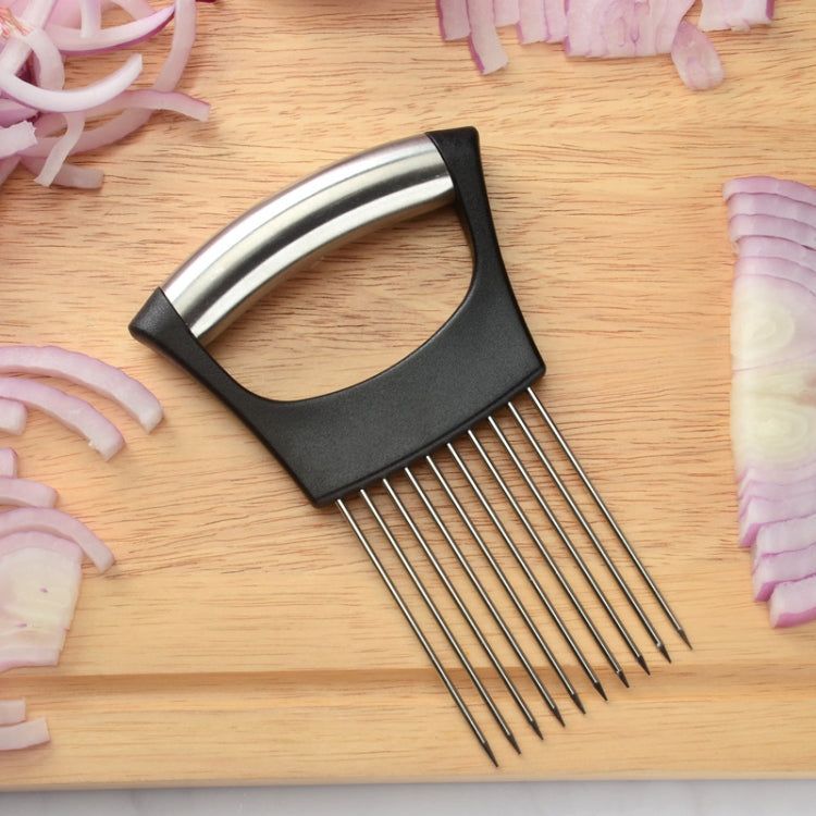 Onion slicing fork holder: black frame with silver top and stainless steel pins