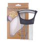 Onion slicing fork holder shown on package: black frame and stainless steel pins