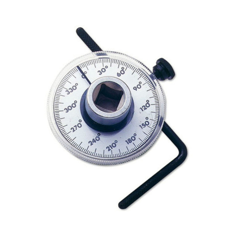Torque angle gauge tool with circular scale, socket adapter, and L-key