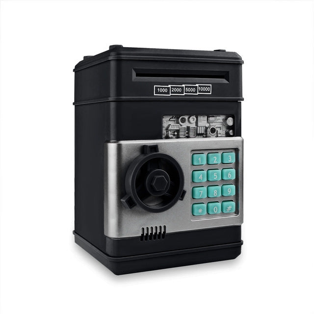 Black electronic piggy bank ATM with keypad and coin slot