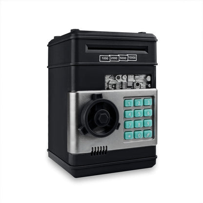 Black electronic piggy bank ATM with keypad and coin slot