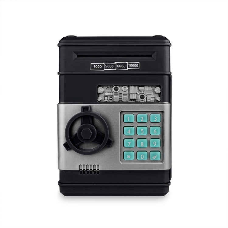 Black electronic piggy bank ATM showing keypad and front dial